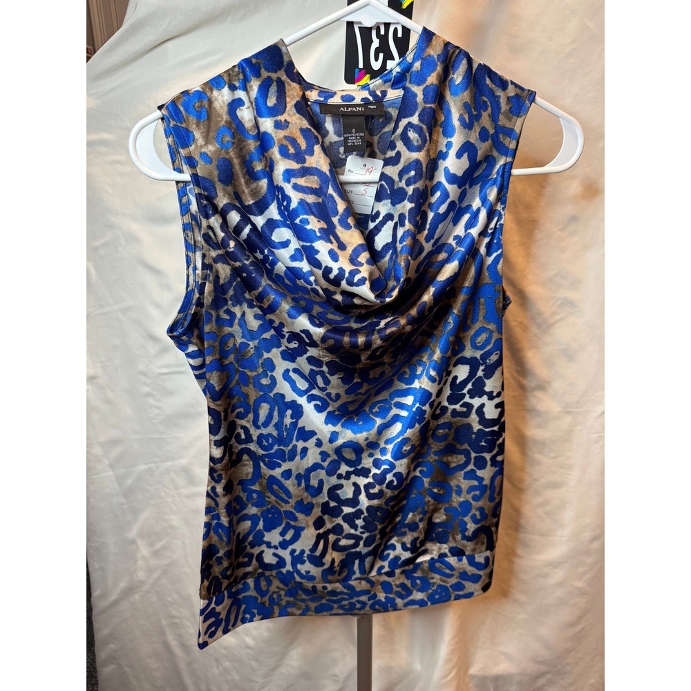 237 Alfani Womens Blue Gold‎ Leopard Animal Print Cowl Neck Sleeveless Blouse S